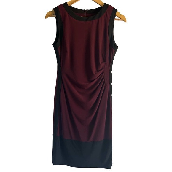 Lauren Ralph Lauren Size 6P Bodycon Color Block Jersey Dress Burgundy, Black - Picture 2 of 8